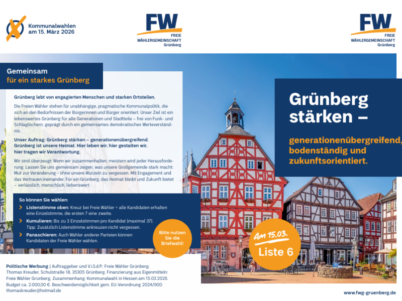 Wahlflyer der Freien Wähler Grünberg zur Kommunalwahl am 15.03.2026